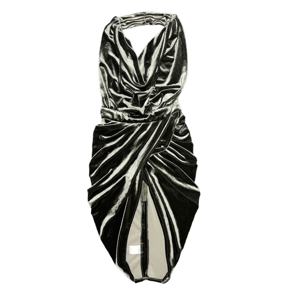 NUDE Velvet Halter Dress Plunging V Neckline Grey/Green size Small